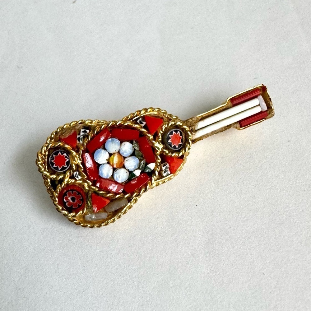 Vintage Micro Mosaic Guitar Brooch Mandolin Instrument Pin Italy Italian Glass - Picture 4 of 9